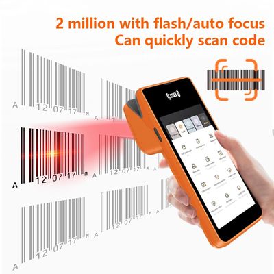 5.45 ইঞ্চি পোর্টেবল হ্যান্ডহেল্ড পস মেশিন স্মার্ট এনএফসি মোবাইল পেমেন্ট টার্মিনাল ক্যামেরা প্রিন্টারের সাথে কমলা পস সিস্টেম