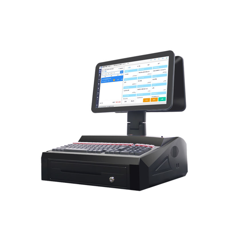 OEM ODM 15.6 ইঞ্চি ডুয়াল স্ক্রিন উইন্ডোজ 7 পস ক্যাশ রেজিস্টার N2840 সিপিইউ 2 + 32 জিবি ডেস্কটপ পিওএস টার্মিনাল 58 মিমি প্রিন্টার,কিবোর্ড সহ